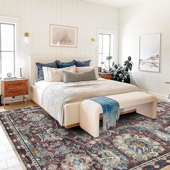 Washable Area Rugs - Perfect for Living Room, Bedroom, Kids Room, Nursery - Stain & Water Resistant Non-Slip, Pet & Child Friendly, Vintage Tribal Area Rugs (Rust and Blue, 3' x 5 ')
