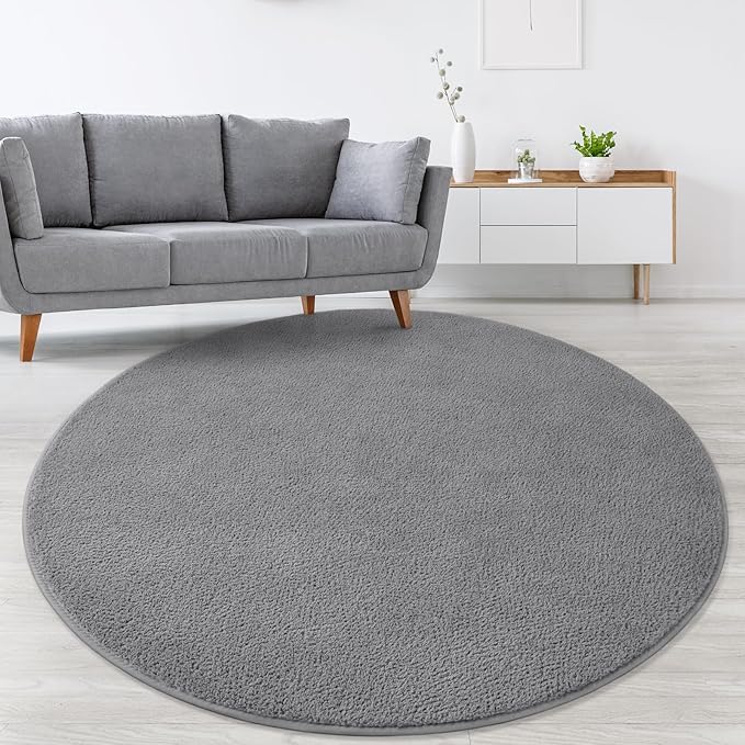 Lascpt Round Rug for Bedroom 5x5, Grey Circle Rug for Living Room Super Soft Thicken Memory Foam Circular Rug, Non-Slip Indoor Area Rug for Modern Home Decor, Round Carpet for Nursery Kid's Room