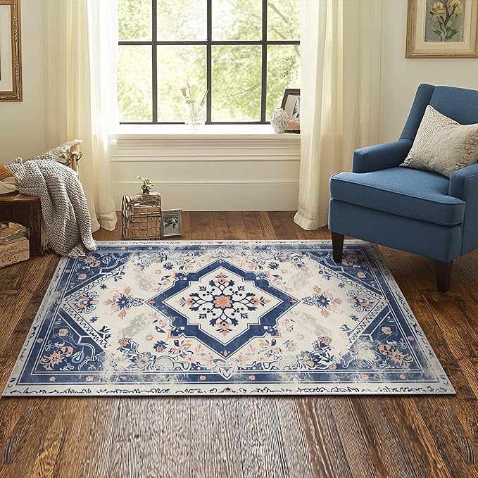 3x5 Entryway Rug Vintage Oriental Navy Blue Boho Beige Small Area Rug Bedroom Bedside Thin Carpet Bathroom Non Slip Indoor Entrance Low Pile Door Mat Kitchen Stain Resistant Washable Machine
