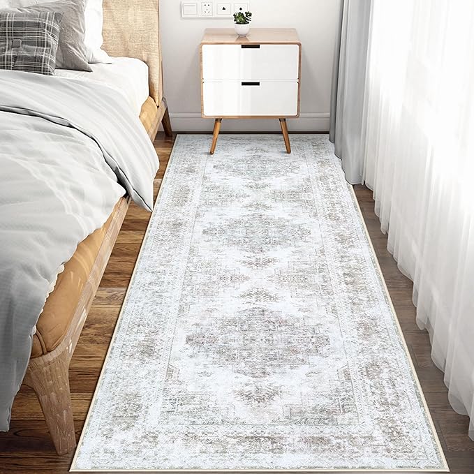 Vintage 2x6 Runner Rug, Machine Washable, Retro Medallion, Distressed, Non-Slip, Soft Low Pile Hallway Rug for Entryway, Bedroom, Bathroom, Laundry (Taupe, 2'x6')
