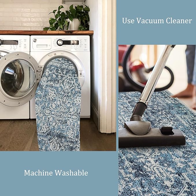 Morebes Boho 4x6 Rug for Living Room, Stain Resistant Washable Area Rug for Bedroom Non Slip Entryway Rug, Vintage Medallion Low Pile Soft Carpet for Bathroom Kitchen Dining Room, Deep Blue