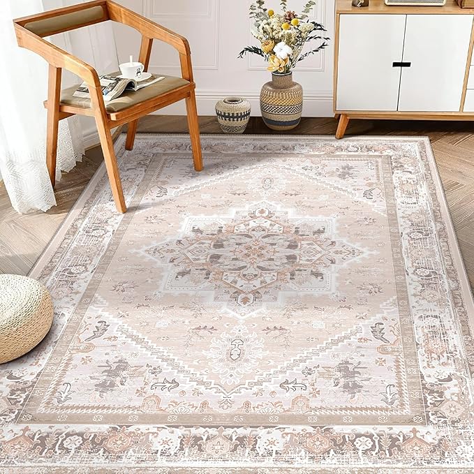 BESTSWEETIE 6x9 Area Rugs for Living Room Washable Non Slip Carpet Low Pile Soft Vintage Print Pattern Rug for Bedroom Dining Room Kitchen Entryway Indoor-Light Pink