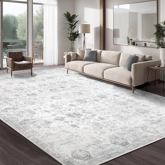 Washable 9×12 Area Rugs for Living Room, Vintage Floral Rug Soft Non Slip Stain Resistant Boho Carpet for Bedroom Dinning Room Kitchen Home Office Grey
