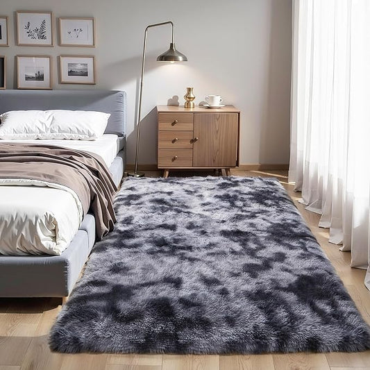 Thick Area Rug Dark Grey Fluffy 4x6 for Bedroom Living Room Washable Plush Rug for Kids Baby Nursery Soft Shag Non Slip Comfy Shaggy Rugs for Dorm Fuzzy Floor Carpet, Tie-Dye Gray