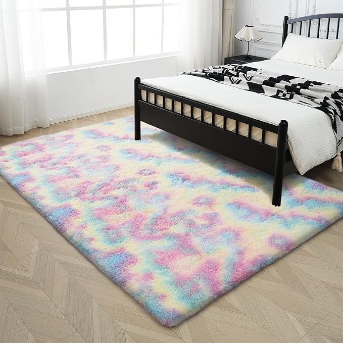 Rainbow Fluffy Rug Shaggy Area Rug, 6x9 Area Rugs for Girls Bedroom, Big Soft Shaggy Bedside Non-Slip Plush Dorm Nursery Kids Carpet Home Decor Aesthetic