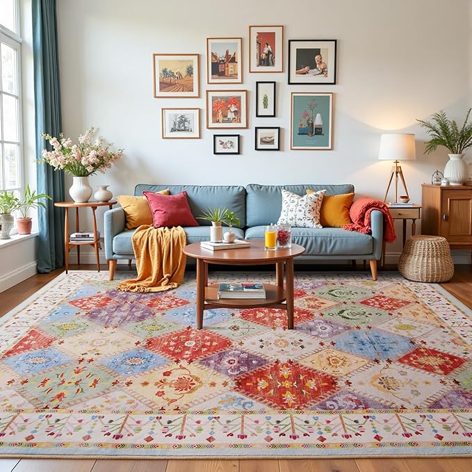 5x7 Washable Area Rug for Living Room, Boho Non-Slip Bedroom Rugs, Moroccan Floral Trellis Carpet Soft Low Pile Accent Indoor Mat for Kitchen Laundry Room Nursery, Cream