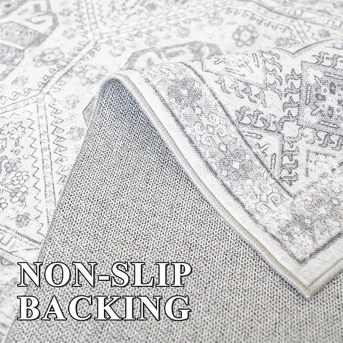 Washable Living Room Area Rug: 9x12 Large Super Soft Vintage Rugs Bedroom Oriental Indoor Rug Water Resistant Ultra Thin Carpet Non-Slip Backing Distressed Rugs for Kitchen 9x12 Grey