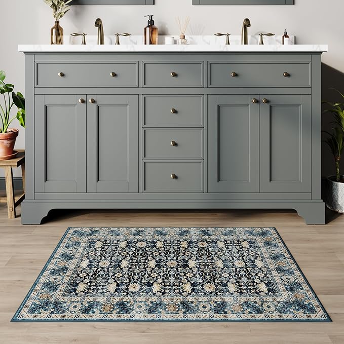 Dripex 2x3 Area Rugs, Machine Washable Non Slip Boho Rugs,Distressed Small Entryway Rug Doormat, No Pile Lightweight Vintage Rug, Floor Carpet for Front Entrance Kitchen Bathroom,Navy Blue and Multi