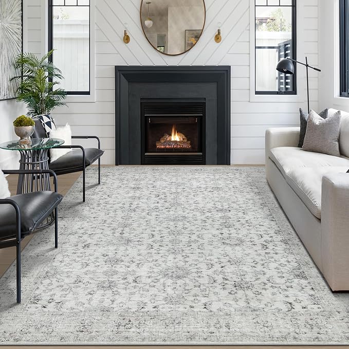 Washable Rugs 8x10 Area Rugs, Soft Vintage Living Room Rug with Anti-Skid Backing Stain Resistant Thin Indoor Carpet Large Area Rug for Bedroom Under Dining Room Table Nursery Entryway-Light Gray