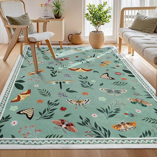 ASPMIZ Insect Area Rug 3X5, Green Bedroom Rug Non Slip, Spring Summer Washable Rug Farmhouse Butterfly Living Room Rugs Low Pile, Soft Faux Wool Throw Carpet for Entryway, Office, Nursery, Green