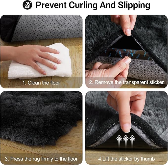 2x3 Rug for Bedroom, Fluffy Area Rugs for Living Room, Small Soft Shag Fuzzy Shaggy Carpets for Kids Boys and Girls Dorm with 4 Non-Slip Rug Tapes (2ft x 3ft, Tie-Dyed Black Grey)