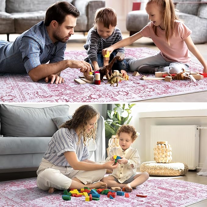 Keeko Small Rugs for Entryway, 2x3 Living Room Area Rug Vintage Door Mat Accent Bedroom Bedside Rug Indoor Retro Non Slip Front Door Print Throw Rugs for Kitchen Laundry Room Decor Reddish Pink