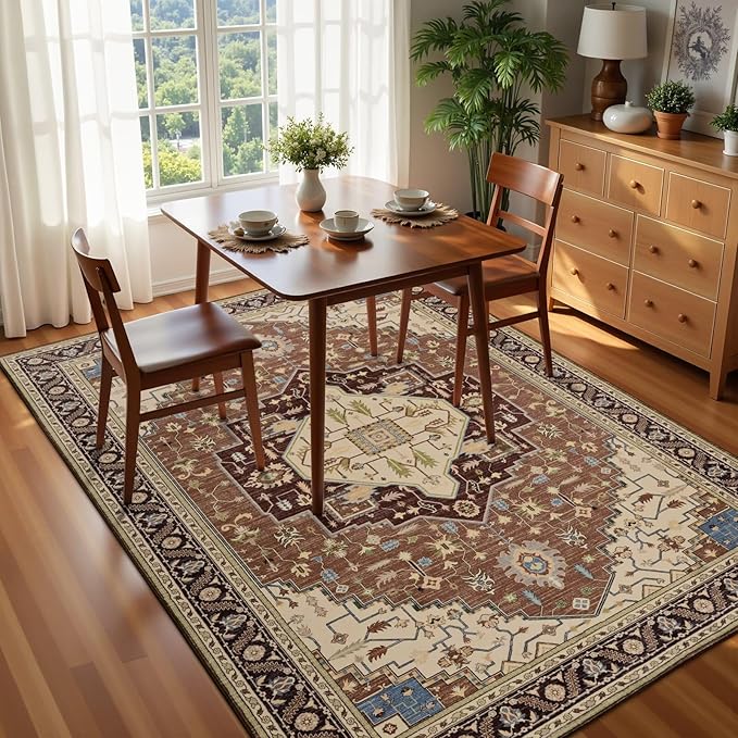 3x5 Mousse Brown Area Rug for Living Room, Machine Washable Rugs with Non-Slip Backing for Bedroom, Vintage Medallion Carpet Kitchen Laundry Kids Room Decor