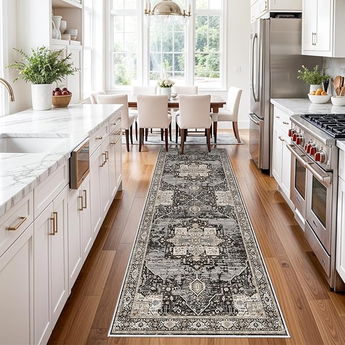 RUUGME Washable 3X8 Runner Rugs - Large Boho Rugs for Living Room Stain Resistant Carpet Vintage Tribal Rugs for Bedroom Kitchen Bathroom Non Slip Backing Home Decor Floor Decoration Mat 3X8 Black