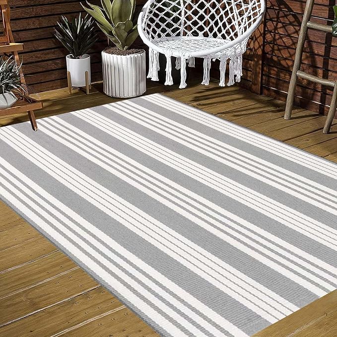 BUAGETUP Grey and White Striped Outdoor Patio Rug 4' x 6',Hand Woven Cotton Patio Rug Front Porch Rug Indoor Outdoor Area Rug for Bedroom/Living/Room/Patio