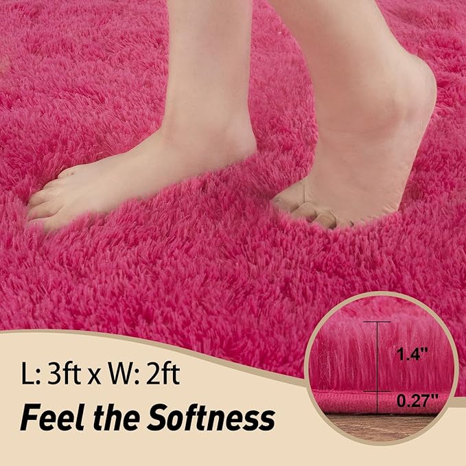 2x3 Rugs for Bedroom, Fluffy Area Rugs for Living Room, Soft Shag Kids Rug Small Carpet with 4 Non-Slip Rug Pads (Hot Pink,2ft x 3ft)