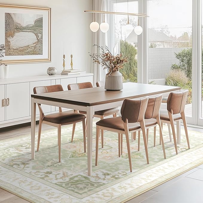 BESTSWEETIE 9x12 Area Rugs for Living Room, Washable Ultra Soft Boho Vintage Print Pattern Rug Non Slip Low Pile Carpet for Dining Room Bedroom Entryway Indoor-Light Green