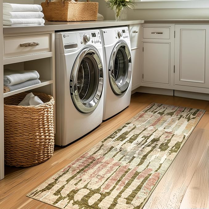 jinchan Spring Runner Rug 2x6 Modern Abstract Washable Runner Rug Soft Moss Green Multi Contemporary Home Decor Non Slip Backing Carpet for Living Room Laundry Room Bedroom