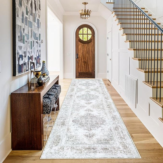 Vintage 2x6 Runner Rug, Machine Washable, Retro Medallion, Distressed, Non-Slip, Soft Low Pile Hallway Rug for Entryway, Bedroom, Bathroom, Laundry (Taupe, 2'x6')