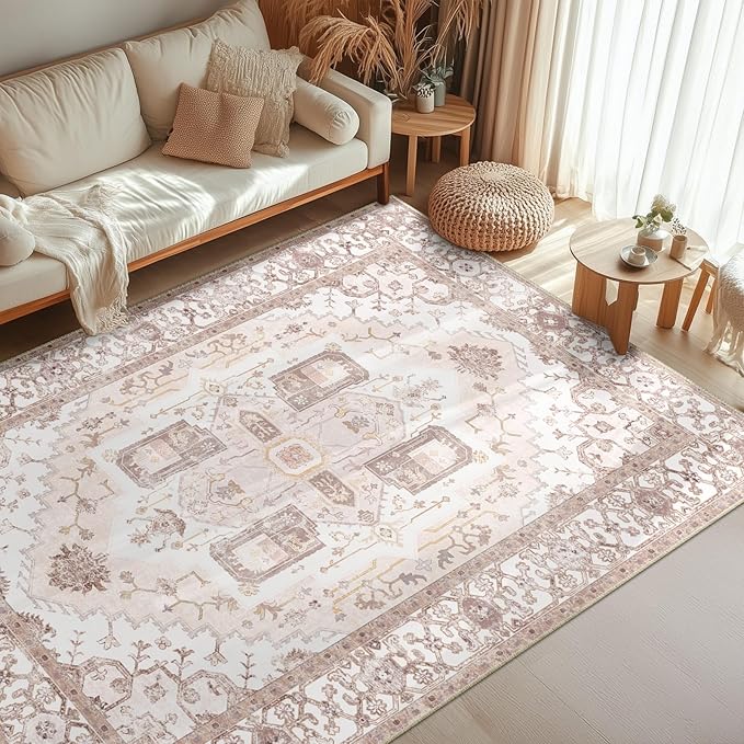 Washable 6x9 Area Rugs, Rugs for Living Room, Low-Pile Water&Stain Resistant Carpet Vintage Distressed Printed Non-Slip Carpet for Bedroom Bathroom Kitchen-Pink
