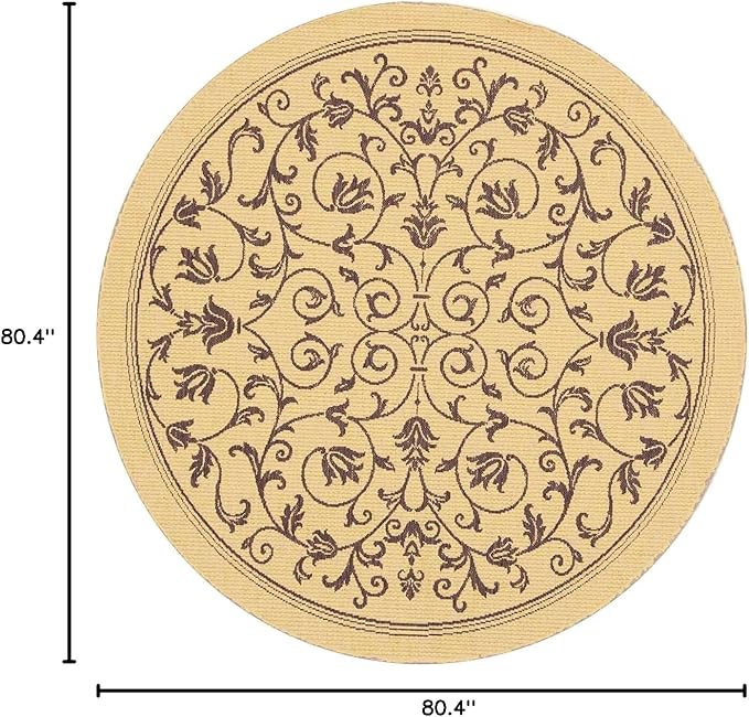 SAFAVIEH Courtyard Collection Area Rug - 6'7" Round, Natural & Brown, Scroll Design, Non-Shedding & Easy Care, Indoor/Outdoor & Washable-Ideal for Patio, Backyard, Mudroom (CY2098-3001)