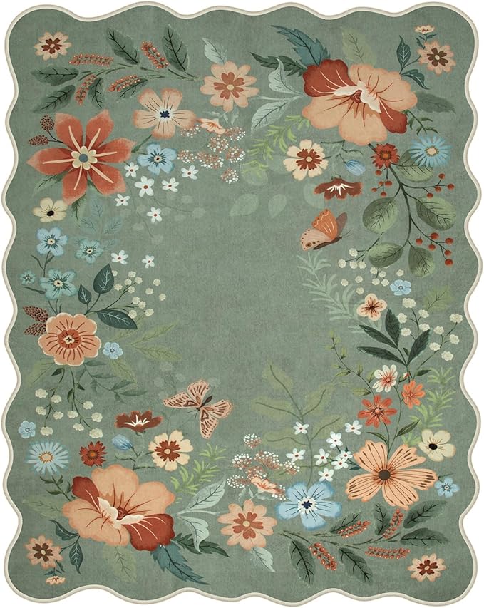 Beeiva 8x10 Floral Washable Area Rugs for Bedroom Under Bed, Ultra Thin Non-Slip Green Rug for Living Room, Soft Large Carpet for Playroom, Office, Dining Room - Green(8x10ft)