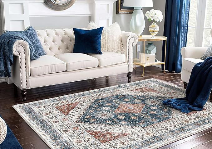 Large-size Rug for Living Room-Washable Area Rugs 8' x10' for Bedroom, Ultra-Soft Non-Shedding Faux Wool Vintage Design Boho Low Pile Mat rugs,Stain Resistant Rugs with Non-Slip Backing（Dark Color）