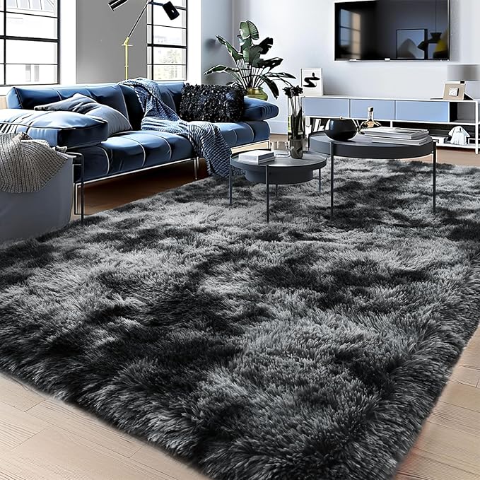 Shaggy Soft Fluffy Rug Non-Slip Indoor Floor Carpet for Living Room Anti-Skid Indoor Carpet Tie-Dyed Black Grey 5x7 Feet