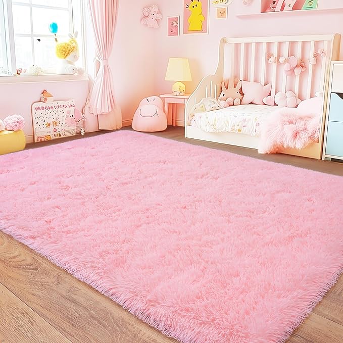 Pink Area Rugs 6x9, Anti-Skid Shaggy Fluffy Throw Carpets, Ultra Soft Plush Modern Indoor Fuzzy Floor Rug for Living Room Bedroom Kids Room Nursery Dorm Home Decor Aesthetic