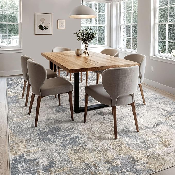 9x12 Area Rug Living Room Rugs - Washable Neutral Modern Abstract Soft Thin Large Rug Indoor Floor No Slip Rug Carpet for Bedroom Under Dining Table Home Office Decor - Blue Grey
