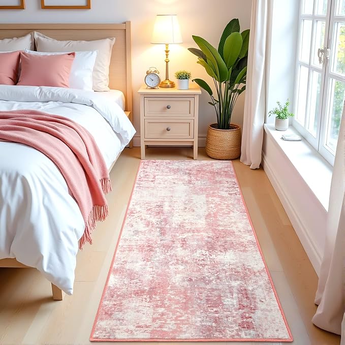 Washable Abstract Runner Rug, 2x6 Modern Area Rugs with Non-Slip Rubber Backed for Kitchen, Thin but Soft Contemporary Carpet Bedroom Entryway Hallway Decor, Pink