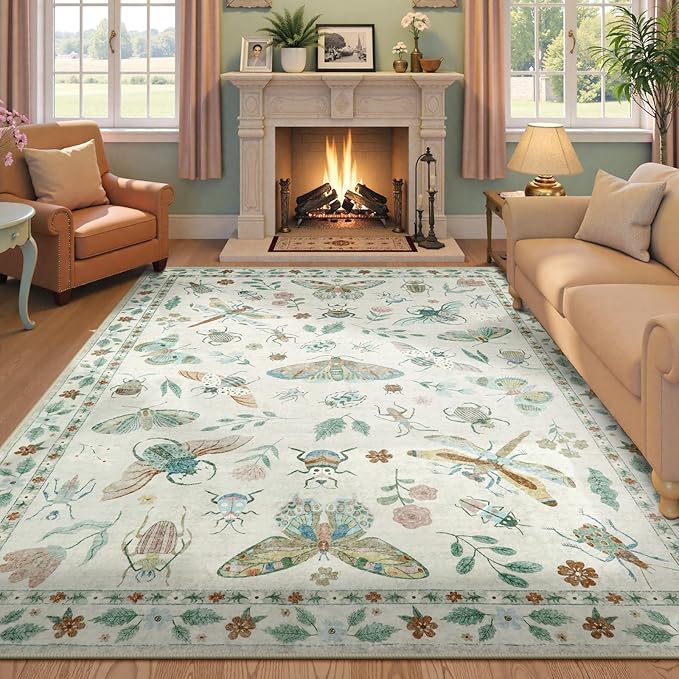 Beeiva Insect Print Rug 6x9, Washable Carpet for Living Room Non Slip, Low Pile Ultra Thin Foldable Large Area Rugs for Office, Bedroom, Kids Room, Playroom, Nursery - Beige