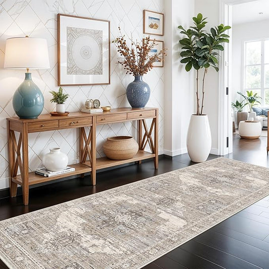 RUUGME Washable 3X8 Runner Rugs - Large Boho Rugs for Living Room Stain Resistant Carpet Vintage Tribal Rugs for Bedroom Kitchen Bathroom Non Slip Backing Home Decor Floor Decoration Mat 3x8 Beige