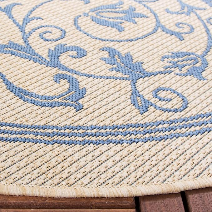 SAFAVIEH Courtyard Collection Area Rug - 7'1 Round, Natural & Blue, Scroll Design, Non-Shedding & Easy Care, Indoor/Outdoor & Washable-Ideal for Patio, Backyard, Mudroom (CY2098-3101)
