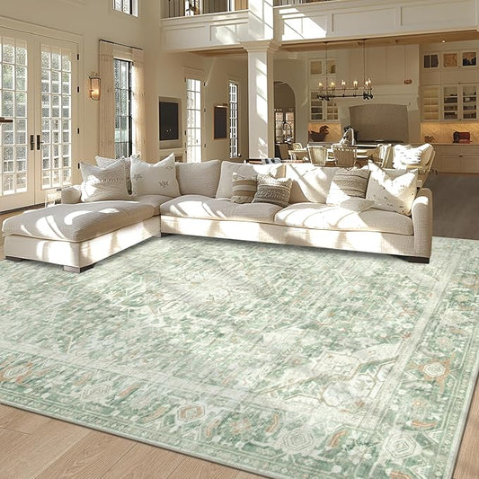 Washable Rugs 8x10 Area Rugs, Soft Vintage Living Room Rug with Anti-Skid Backing Stain Resistant Thin Indoor Carpet Large Area Rug for Bedroom Under Dining Room Table Nursery Entryway-Green