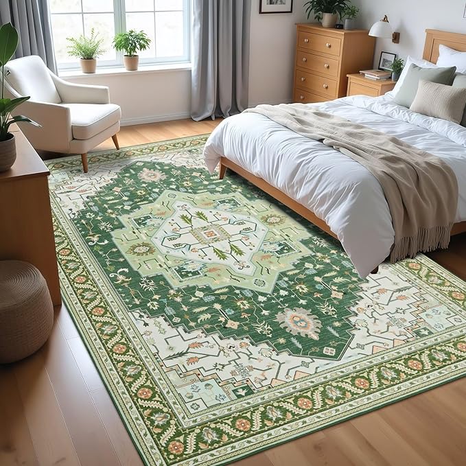 4x6 Green White Area Rug for Living Room, Machine Washable Rugs with Non-Slip Backing for Bedroom, Vintage Medallion Carpet Kitchen Laundry Kids Room Decor