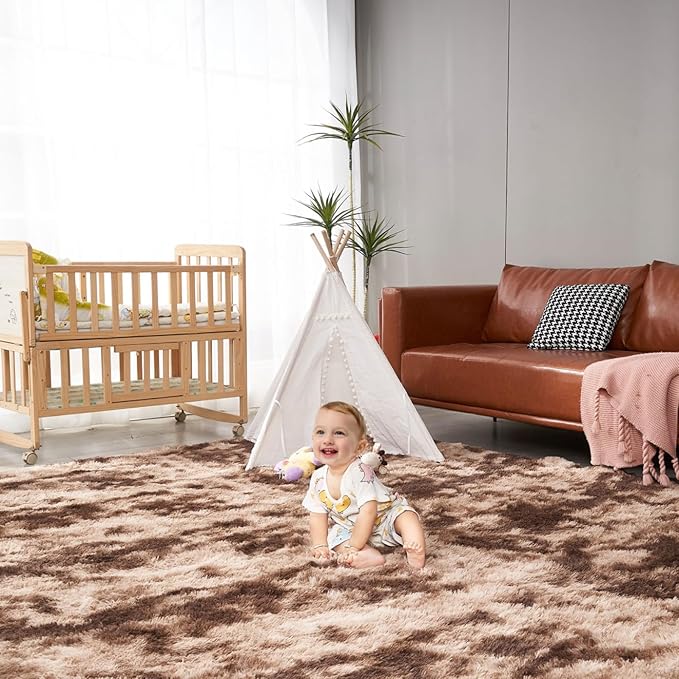 4x6 Fluffy Shag Living Room Rugs, Indoor Tie-dye Brown Furry Area Rug, Bedroom Super Soft Anti-Skid Shaggy Floor Carpet, Kids Girls Boys Room, Dorm Nursery RoomsHome Decor Aesthetic