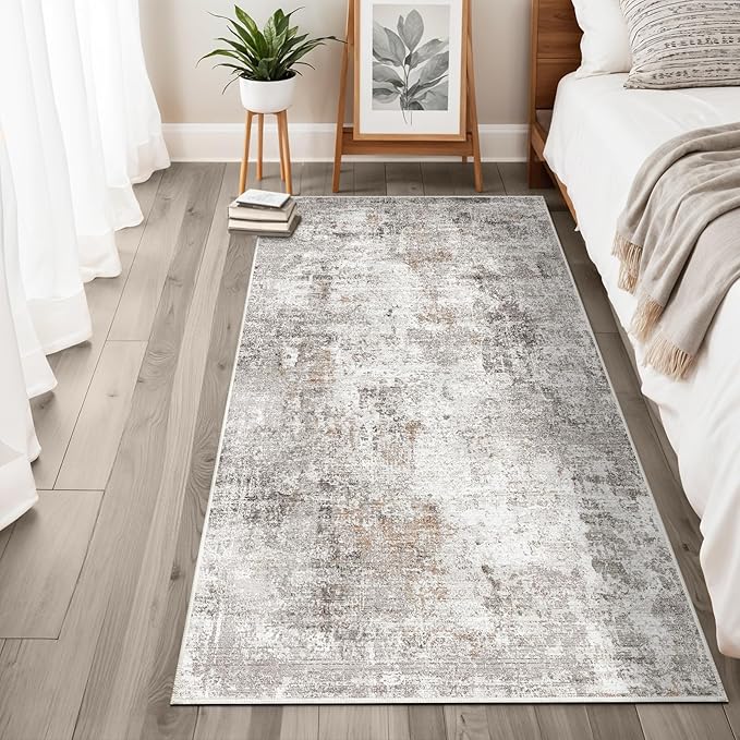 Washable 3x5 Entryway Rug - Non-Slip Rubber Backing, Soft Thin Low-Pile Stain-Resistant Modern Small Area Rugs for Kitchen Bedroom Living Room Hallway – Beige/Grey/Brown