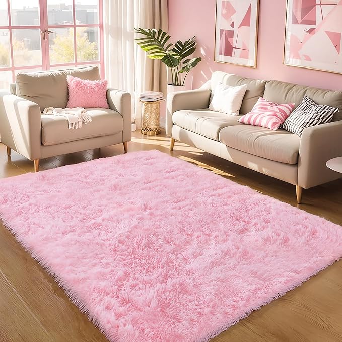 KCHOWUA Pink Fluffy Shag Rugs for Bedroom Girls,4'x6' Machine Washable Soft Shaggy Fuzzy Throw Cute Large Area Rug for Living Room,Modern Pastel Plush Nursery Toddler Kids Dorm Floor Room Carpets