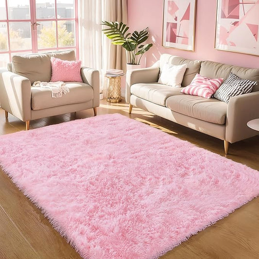 KCHOWUA Pink Fluffy Shag Rugs for Bedroom Girls,4'x6' Machine Washable Soft Shaggy Fuzzy Throw Cute Large Area Rug for Living Room,Modern Pastel Plush Nursery Toddler Kids Dorm Floor Room Carpets