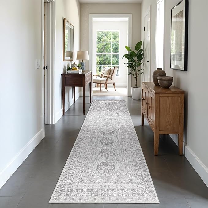 3x12 Runner Rug Kitchen Washable: Oriental Indoor Hallway Runners with Non Slip Backing Floor Mat for Entryway Door Low Pile Thin Carpet for Bedroom Bathroom Living Room Bedside Grey