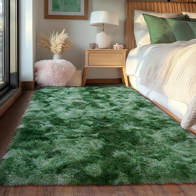 Tie-Dyed Fluffy Green Rug for Bedroom 8x10 ft Large - Ultra Soft & Non Slip Shaggy Area Rug, Comfy Durable Carpet for Living Room Kids Room Teens Dorm Home Decor, 1.7'' Thick Indoor Plush Carpets