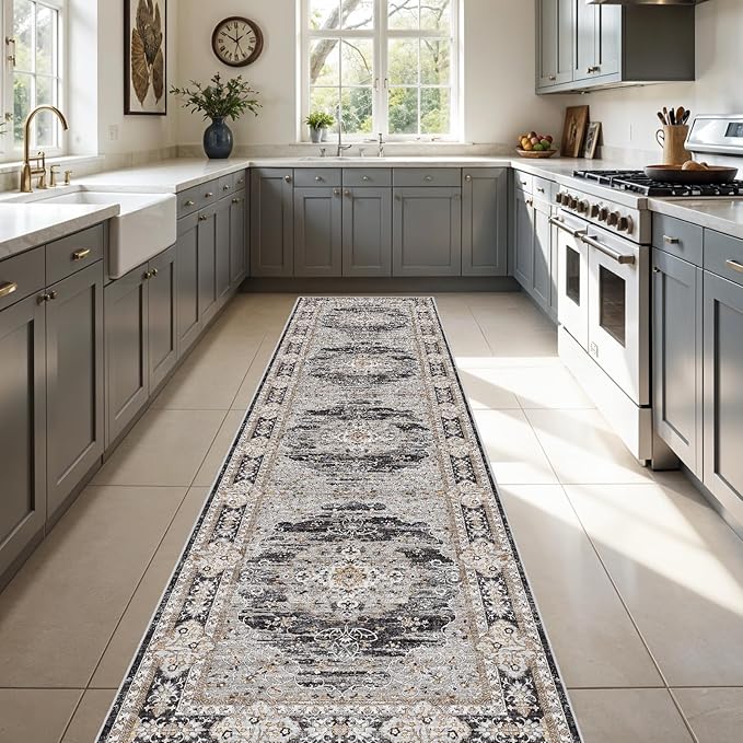 3x12 Runner Rug for Hallway Washable: Non Slip Kitchen Rugs with Rubber Backing Soft Waterproof Mats Stain Resistant Indoor Vintage Carpet Runner for Bedroom Bathroom Laundry Entryway Black/Gray