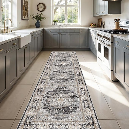 3x12 Runner Rug for Hallway Washable: Non Slip Kitchen Rugs with Rubber Backing Soft Waterproof Mats Stain Resistant Indoor Vintage Carpet Runner for Bedroom Bathroom Laundry Entryway Black/Gray