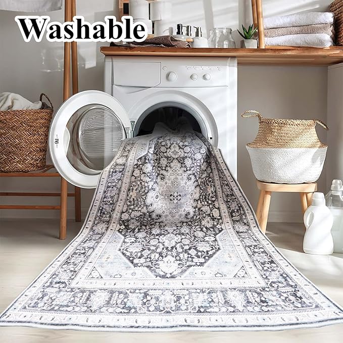 Washable Area Rug 6x9 - Bedroom Living Room Large Indoor Rugs Soft Oriental Vintage Rugs Non-Slip Backing Stain Resistant for Farmhouse Kitchen (Slate Grey/Black 6x9)