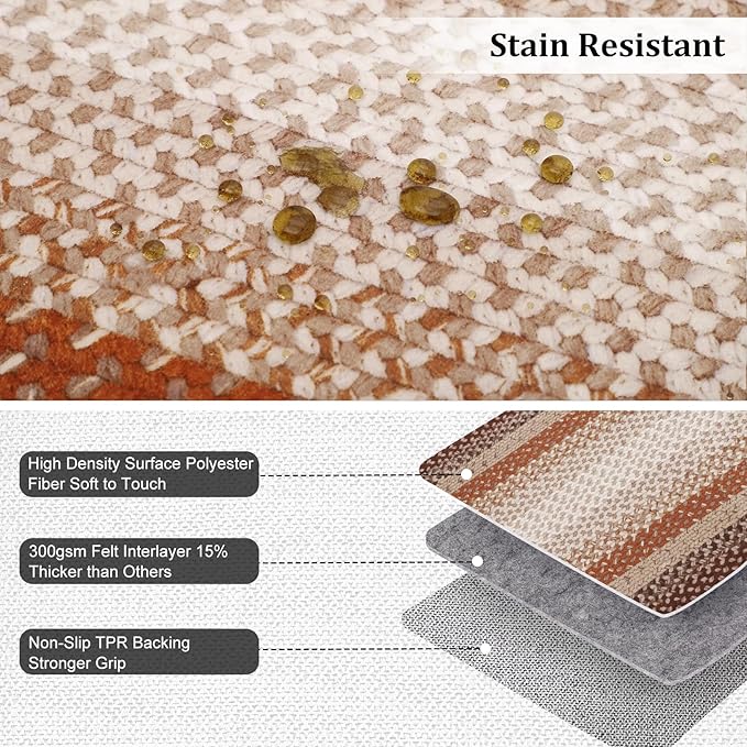Imitation Braided Collection-Print Large Washable Area Rug 8x10 Living Room Rug Non-Slip Soft Contemporary Bordered Accent Carpet, Farmhouse Low Pile Floor Mat for Bedroom, Dining Room