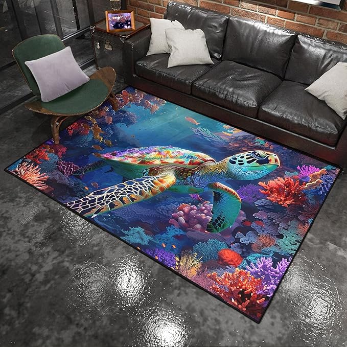 Sea Turtle Area Rug - Sea Turtle Rug for Bedroom Coral Ocean Theme Rugs Ocean Life Decor, 47" L x 39" W