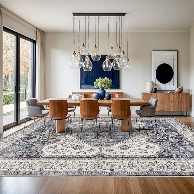 RUUGME Large 10x14 Area Rugs - Large Boho Rugs for Living Room Stain Resistant Carpet Vintage Tribal Rugs for Bedroom Kitchen with Non Slip Backing Decor Floor Decoration Mat 10x14 Navy/Blue