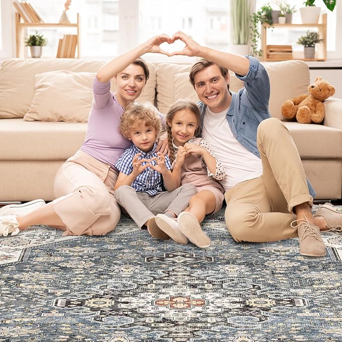 Washable Area Rug Vintage - 9x12 Bedroom Living Room Large Indoor Rugs Soft Oriental Rugs Non-Slip Backing Stain Resistant for Farmhouse Kitchen (9x12 Navy Blue)