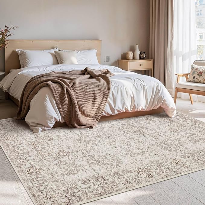 4x6 Washable Area Rug for Living Room, Vintage Neutral Boho Rugs for Office, Dining Room, Kids Room, Farmhouse, Durable Low Pile Non Slip Carpet for High Traffic Areas, Light Bown